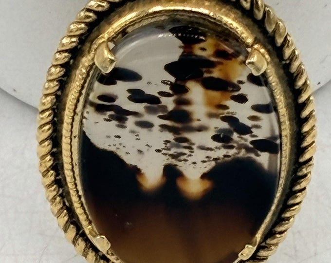 Vintage Montana Agate Cabochon Pendant Gold Tone Rope Bezel Dendritic