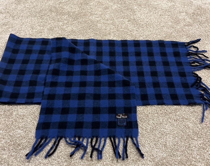Vtg NEIMAN MARCUS Scarf 100% Lambswool Blue Black Buffalo Plaid Italy 50” X 11”