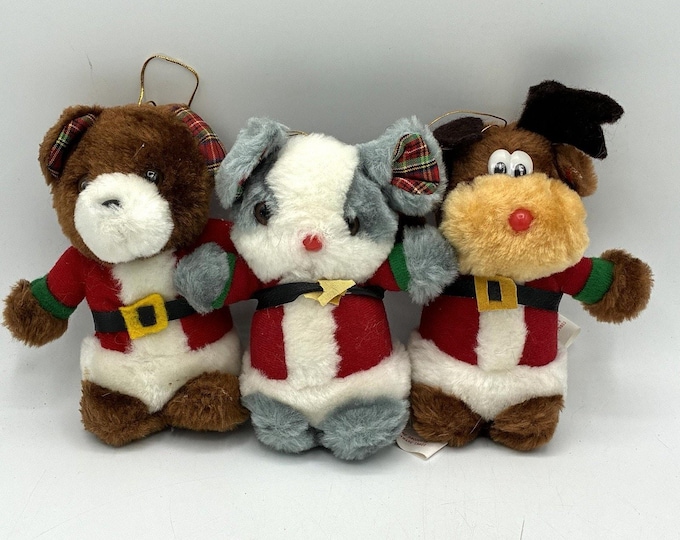 Vintage Midwestern Home Products Plush Christmas Ornaments Lot 3 Santa Animals