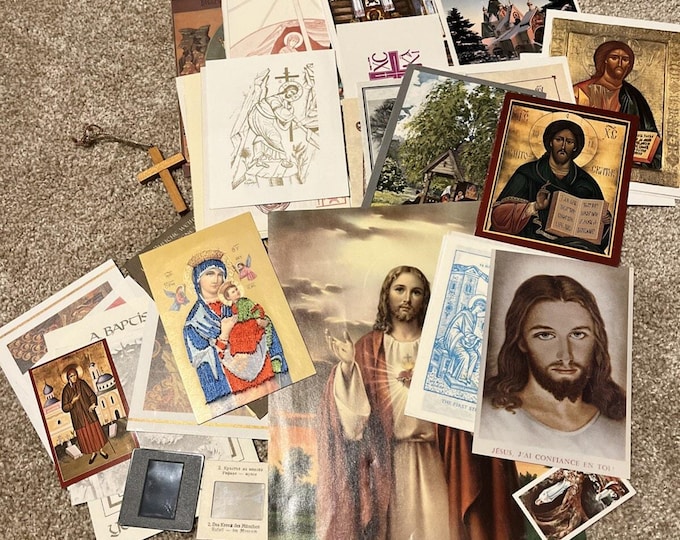 Lot Vintage Catholic Religious Ephemera Holy Cards Prints Icon Art Slides Mixed