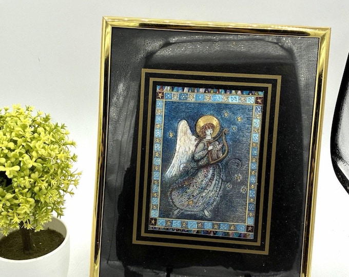 Vintage Angel Harp Foil Art Framed 8x10 Gold Blue Christmas Religious Decor