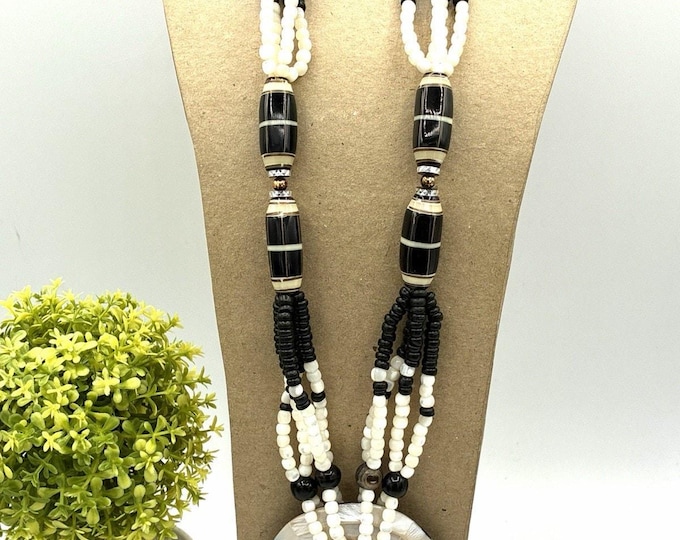 Black White Multi Strand Necklace 22” Large Ring Pendant Beaded Statement