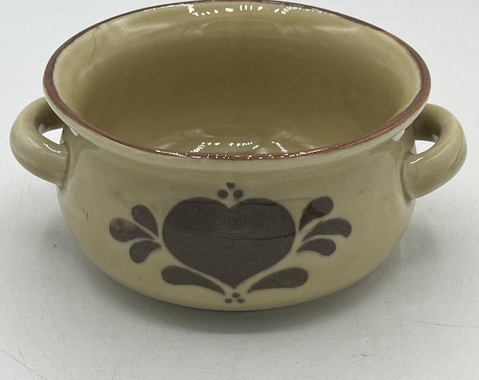 NCE 1985 Stoneware Double Handle Soup Bowl Crock Brown Heart 4.5" Vintage