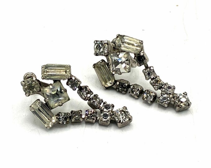Vintage Rhinestone Screw Back Earrings Silver Tone Dangle Drop Bridal Glam