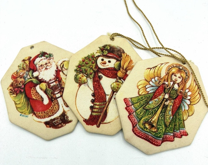 Vintage Avon Reversible Fabric Christmas Ornaments, Set of 3 Santa Snowman Angel