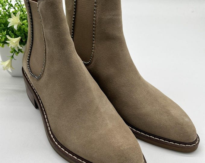 Coach Bowery Bead Suede Chelsea Ankle Boots Beige Tan Size 6B