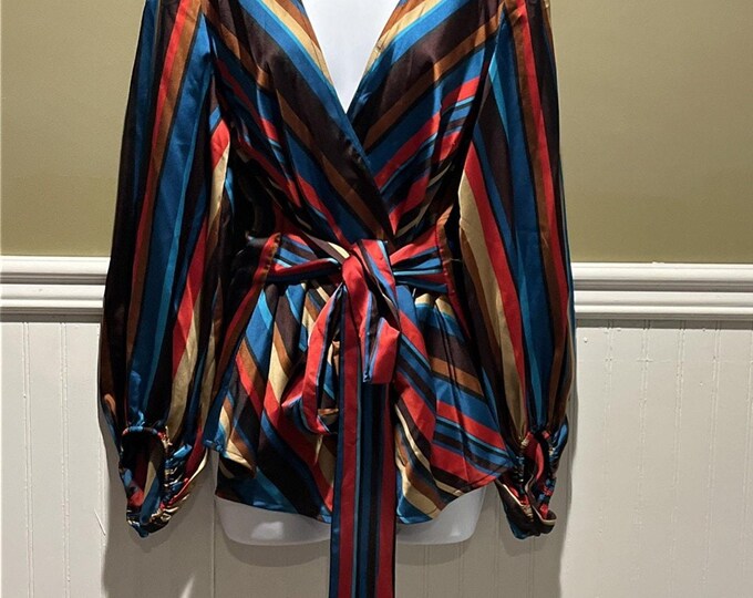 INC Multicolor Striped Wrap Top – V Neck Retro Style Women’s Medium