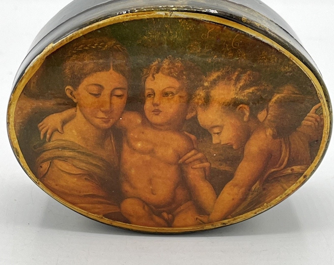 Small Vintage Renaissance Style Oval Trinket Box Black Plastic Enamel Museum Art