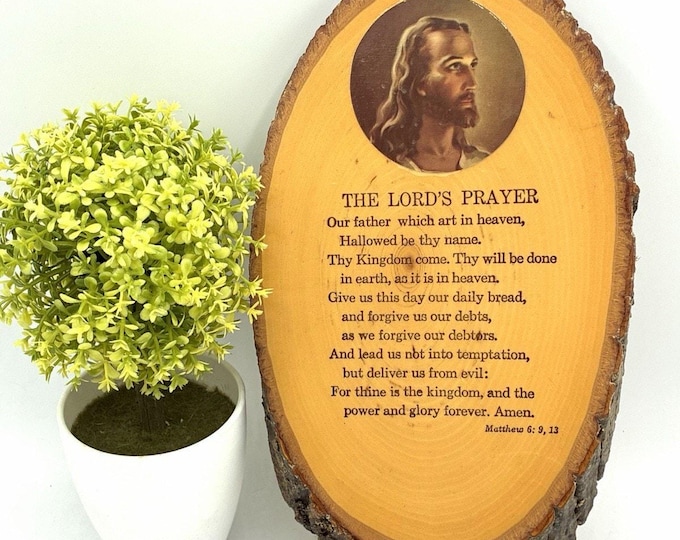 Vintage 1985 Lord's Prayer Wood Slice Plaque Jesus Cedar Point Souvenir Wall Art