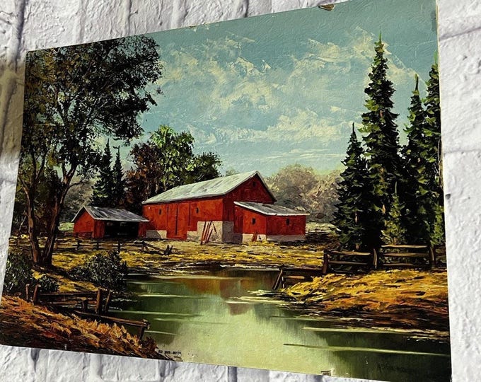 Vintage Bill Hampton Double Sided Western Art Red Barn Rustic Landscape Board
