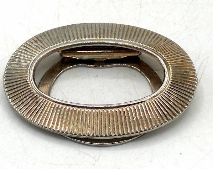 Lieba USA Signed Scarf Clip Silver Tone Oval Ribbed Vintage Mid Century