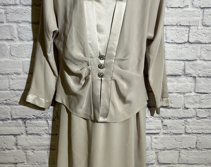 Vintage Basssonnelli Beige Pleated Skirt Jacket Set Rhinestone Sz 12