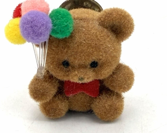 Vintage Flocked Teddy Bear Pom Pom Balloon Lapel Pin 1980s Novelty Brooch Cute