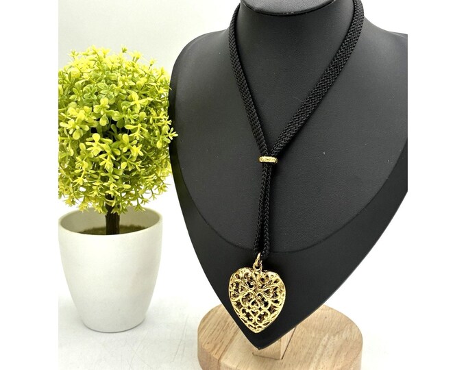 Vintage Gold Tone Filigree Puffed Heart Pendant Black Braided Cord Necklace 16"
