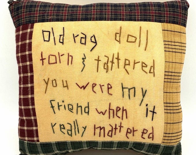 Primitive Rag Doll Friendship Pillow, 8x8 Patchwork Plaid Folk Art Country Decor
