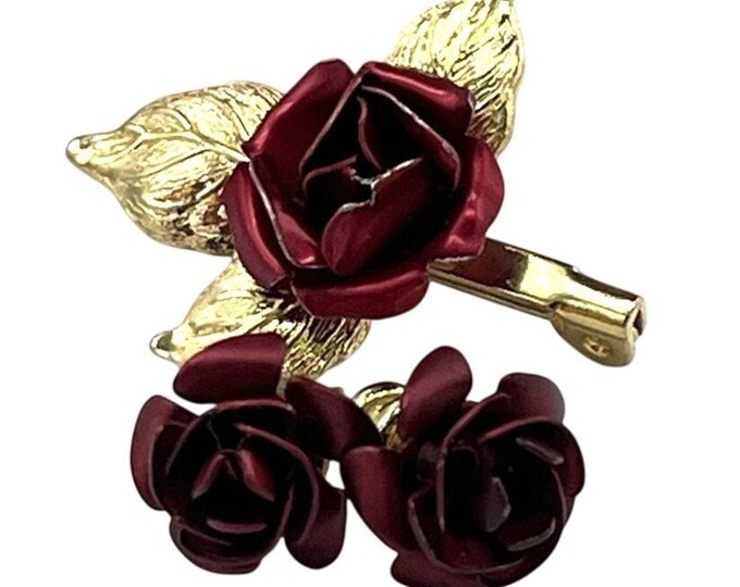 Vintage Gold Tone Red Rose Brooch Lapel Earrings Pin Estate Jewelry Flower Love