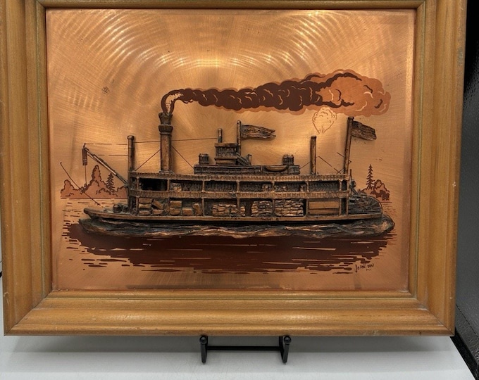 Signed John Louw 3D Copper Steamboat Riverboat Wall Art Framed 16x13