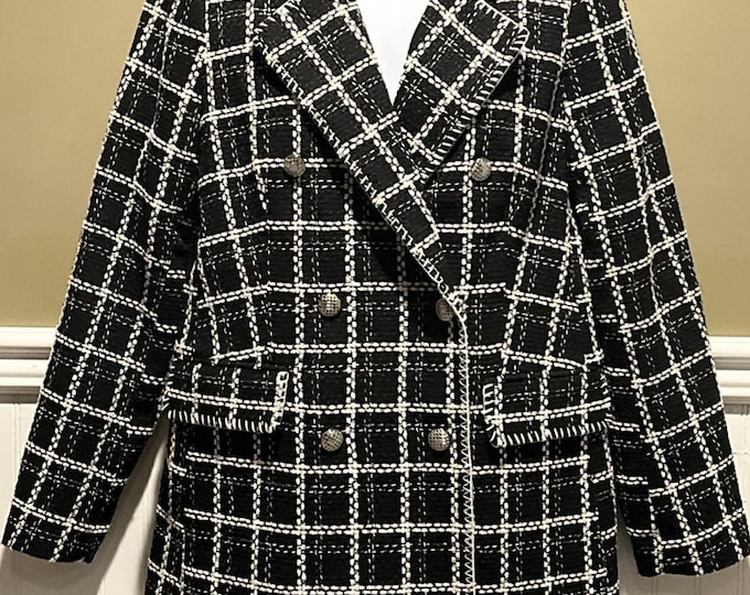 Rachel Zoe Tweed Plaid Blazer Open Front Jacket Black White Business Chic Medium