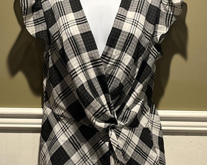 Laundry by Shelli Segal Plaid Wrap Blouse – Black White Flutter Sleeve Top NWT M