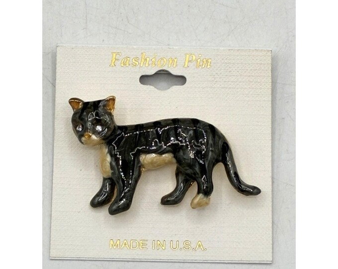 Vintage Enamel Tuxedo Cat Brooch • Rhinestone Eyes • Gold Tone Pin • Made in USA