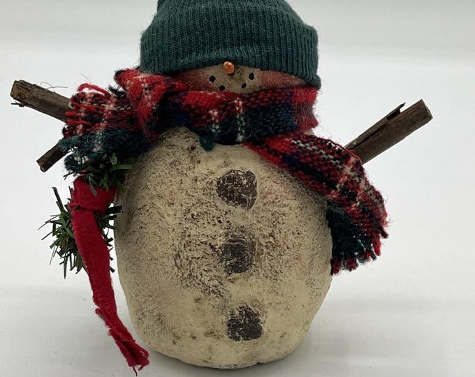 Vintage Handmade Snowman Chalkware Figurine Rustic Fabric Hat Scarf Sticks 4"