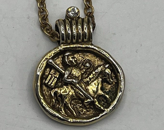 Vintage St George Dragon Slayer Pendant Necklace Gold Tone Medieval Saint