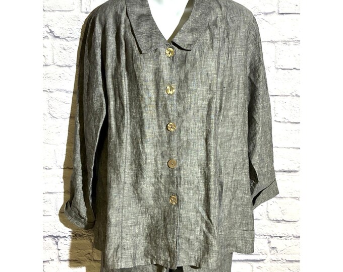 Vintage Orvis 100% Linen Gray Two Piece Set Jacket Pants Mother of Pearl Buttons Medium