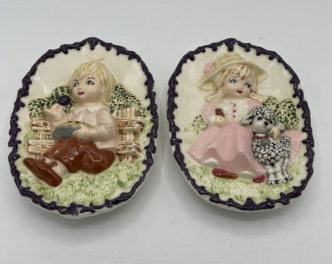 Vtg 3D Nursery Rhyme Wall Hanging Plaques 7” x 5” Mary Had Little Lamb Lil Jack