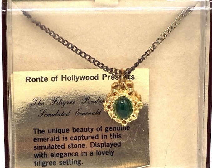 Vintage Ronte of Hollywood Simulated Emerald Filigree Pendant Necklace Box