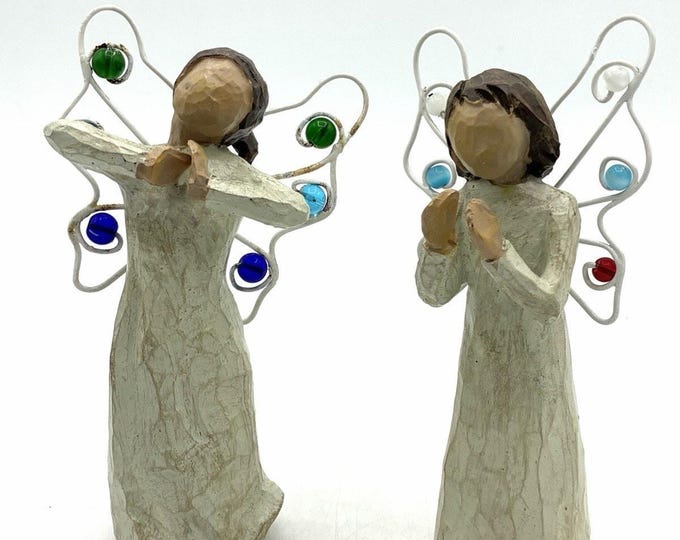Set 2 Rustic Angel Figurines Wire Wings Colorful Glass Beads Folk Art