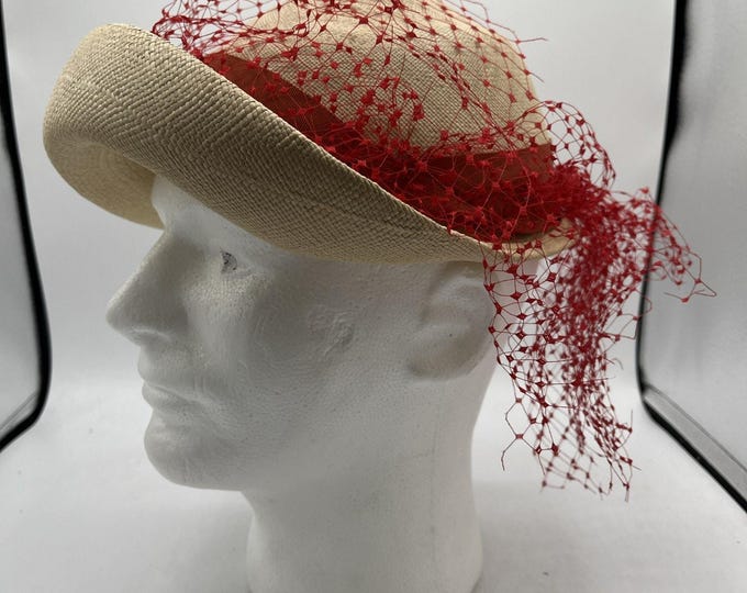 Genuine Panama Straw Fedora Hat Beige W Red Net Hand Woven in Ecuador Vintage