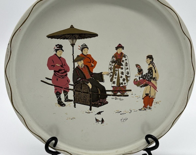 VNashco Tin Tray Signed Ronne Chinoiserie Asian Scene MCM 11" Hand Painted
