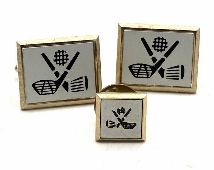 Vintage SWANK Golf Cufflinks Tie Tack Set Gold Tone Golf Clubs Ball