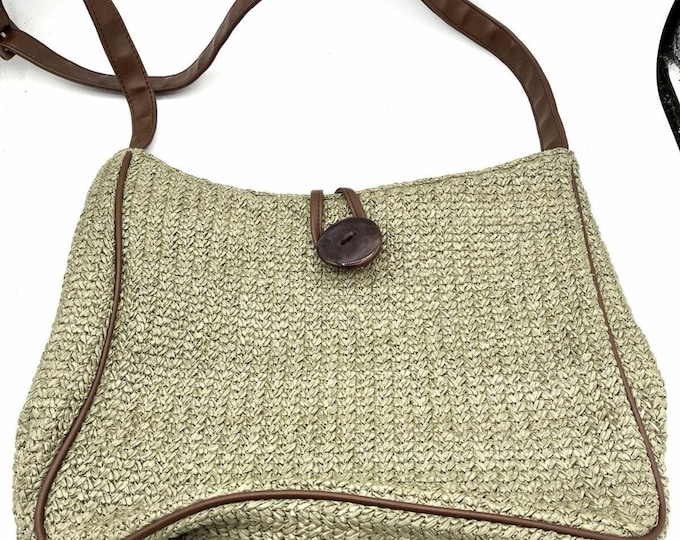 Amanda Smith Sage Green Woven Shoulder Bag Raffia Style Brown Trim 12x10