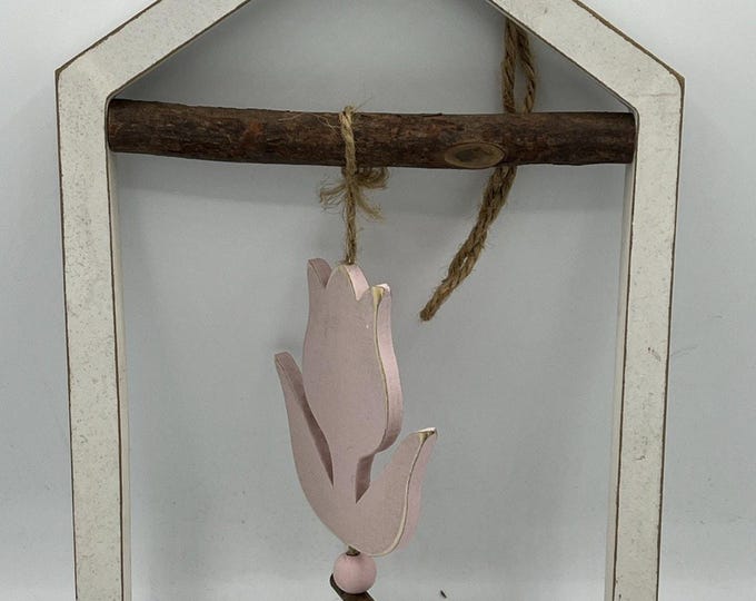 Handmade Wooden Wall Hanging White W Pink Tulip Spring Easter Decor Rustic