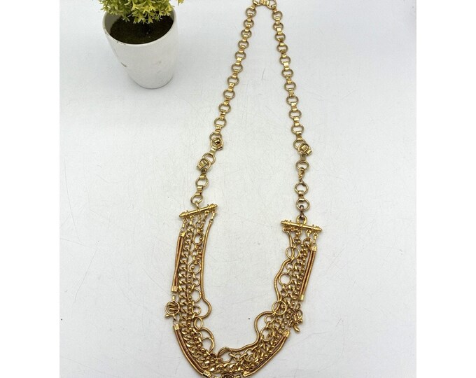 Vintage Gold Tone Multi Strand Chain Statement Necklace Mixed Chain 34”