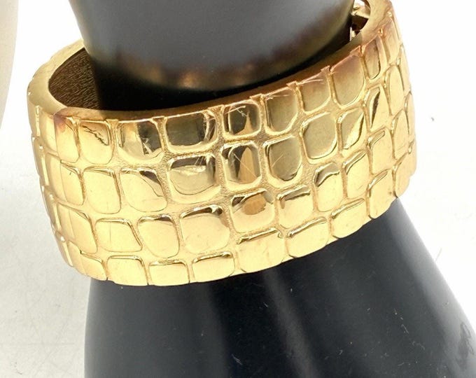 Wide Gold Tone Crocodile Texture Hinged Cuff Bracelet Statement Jewelry