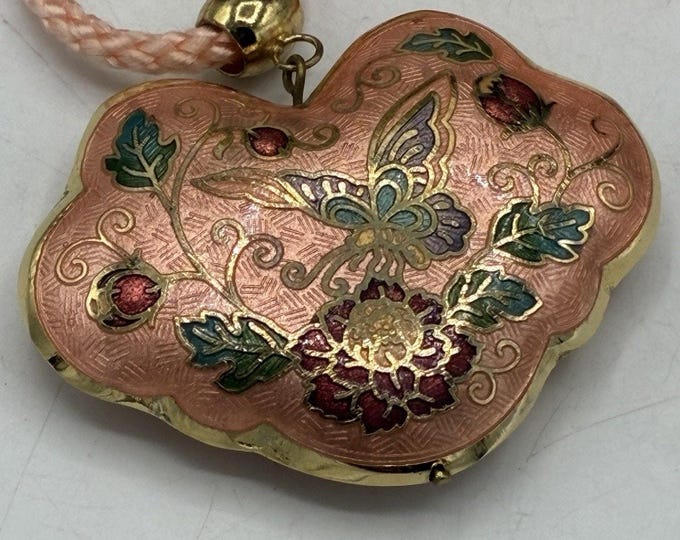 Vintage Cloisonné Butterfly Pendant – Pink Ground Floral Ruyi Shape Enamel 2”