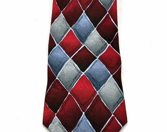 J Garcia Jerry Garcia 1996 Silk Tie Argyle Red Gray Diamond Vintage Korea