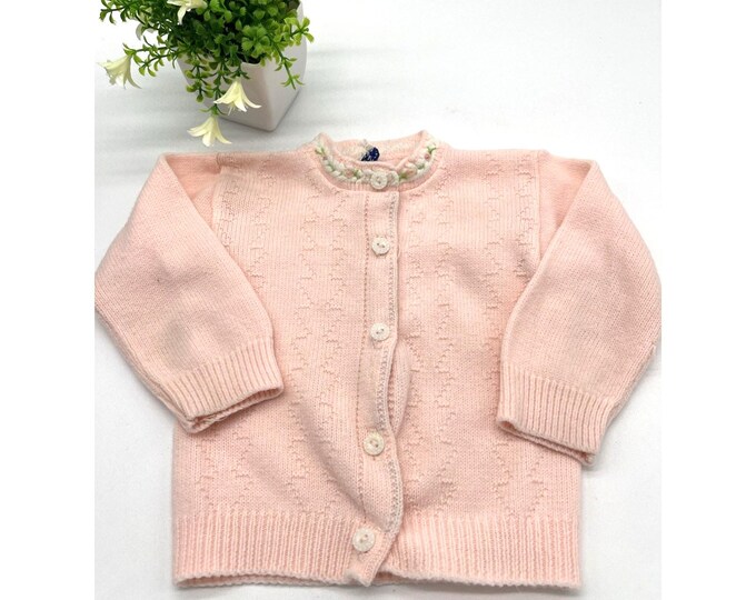 Vintage 1960s Toddler Coral Orlon Cardigan – Bulky Acrylic Baby Sweater (6–12 Months)