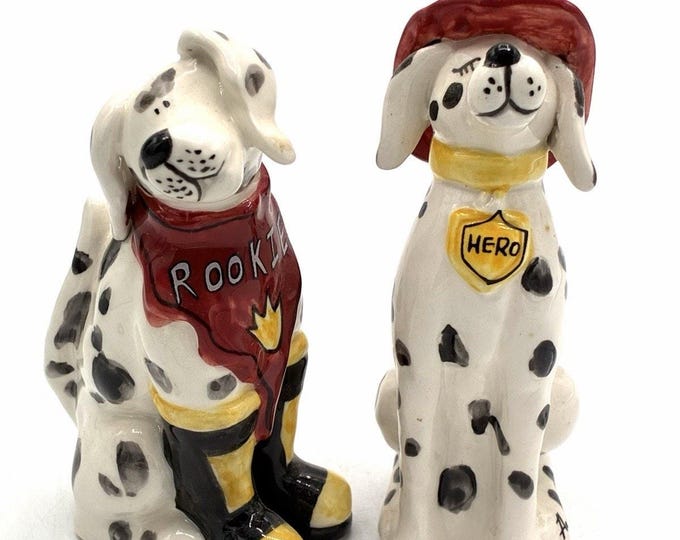 Blue Sky Dalmatian Firefighter Salt Pepper Shakers Signed Set of 2 2010