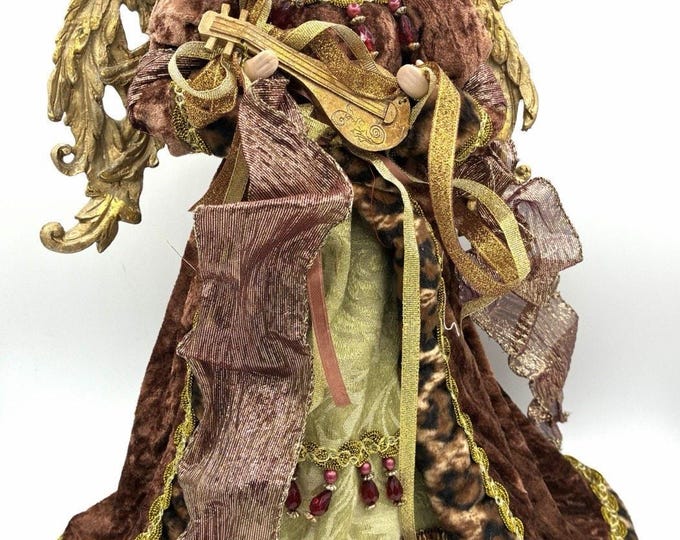 Vintage 16” Angel Tree Topper Leopard Velvet Gold Wings Jeweled Christmas Decor