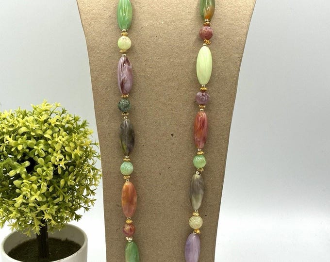 Vintage Multicolor Acrylic Long Beaded Ladies Colorful Strand Necklace 30"