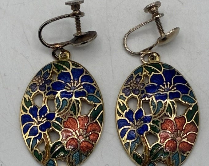 Vintage Cloisonné Dangle Earrings – Blue & Coral Floral Oval Screw‑Back Openwork