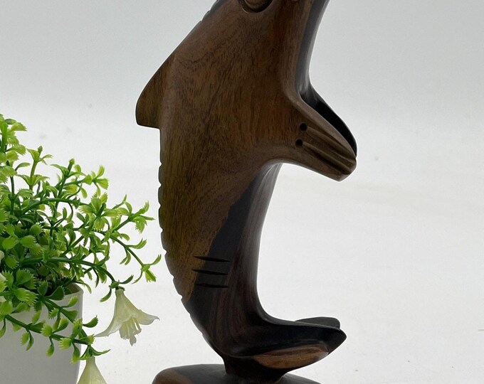 Hand Carved Wood Dolphin Figurine Dominican Republic Folk Art Statue 9" Signed