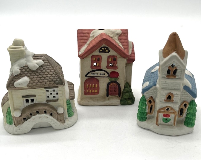 Vintage Lot of 3 Christmas Village Houses – Ceramic Church, Sweet Shop & Cottage