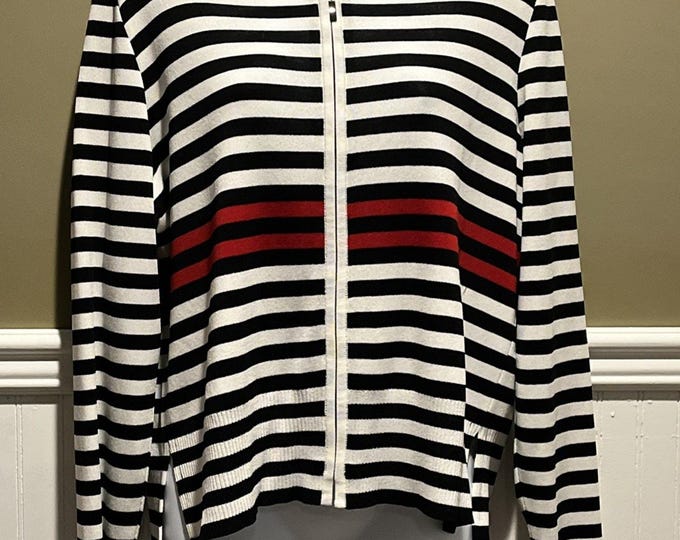 Misook Zipper Front Black White Red Striped Cardigan M