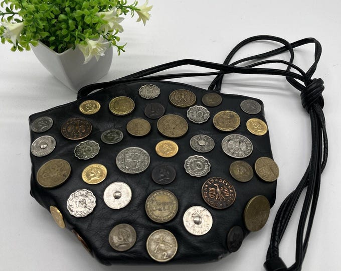 Otello Paris Vintage Black Leather Coin Token Embellished Shoulder Purse 9x8