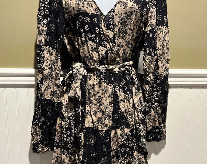 SO Black Tan Floral Faux Wrap Dress NWT Size M Long Sleeve Ruffle Hem Belted