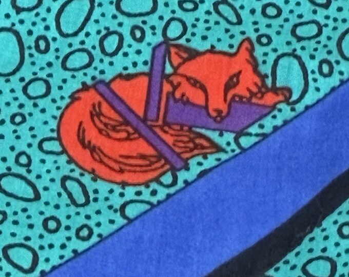 Vintage Krizia Italy Cotton Fox Animal Print Scarf Teal Purple Long 16x64